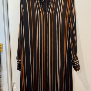 Marina Rinaldi Black and Brown Silk Striped Long Sleeve Dress